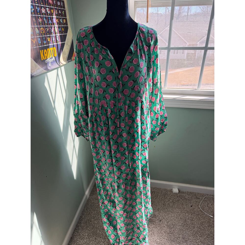 Floral Rose Print Green Viscose Maxi Dress Long Sleeve Boho Caftan XL - Picture 1 of 7